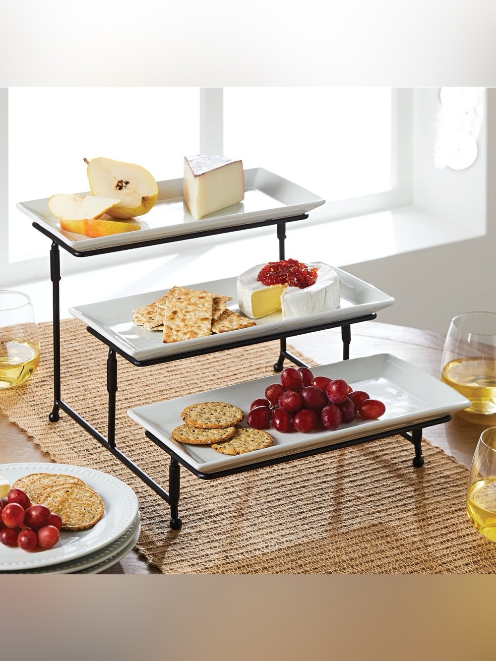 Gibson 3-Tier White Ceramic Serving Stand with Black Metal Frame - White - Picture 4 of 5